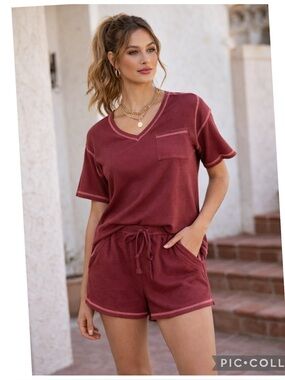NEW PRINSTORY WAFFLE KNIT LOUNGEWEAR PAJAMA SET SS TOP SHORTS POCKETS